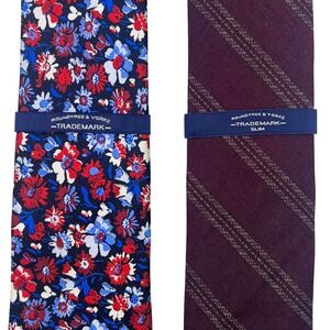 Roundtree & Yorke Tie LOT OF 2 Men Blue Red Floral Silk Slim Repp Cotton Striped